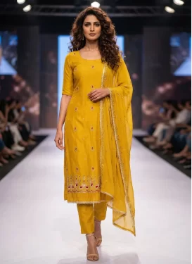 Mustard Cotton Silk Straight Suit with Cutdana Work for Ceremonial