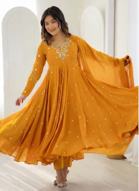 Mustard Georgette Embroidered Work Anarkali Suit for Women