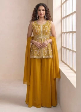 Mustard Georgette Palazzo Suit with Embroidered Work for Ceremonial