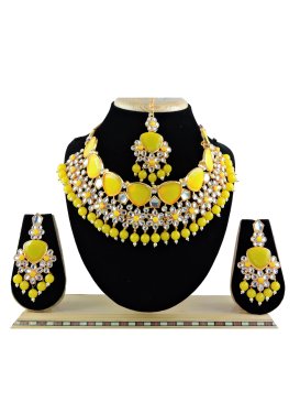 Mystic Alloy Mustard and White Beads Work Necklace Set