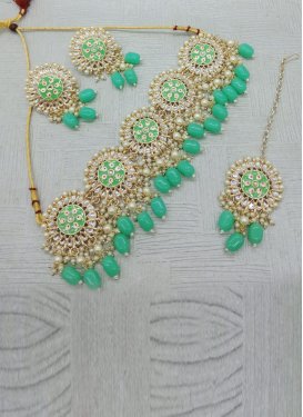 Mystic Gold Rodium Polish Beads Work Alloy Off White and Sea Green Necklace Set