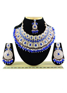 Mystic Gold Rodium Polish Beads Work Blue and White Necklace Set for Festival