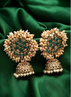 Mystic Gold Rodium Polish Beads Work Cream and Green Earrings for Bridal
