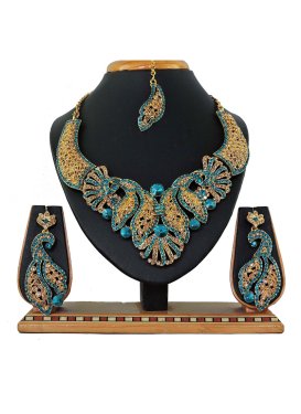 Mystic Gold Rodium Polish Stone Work Alloy Gold and Teal Necklace Set For Bridal