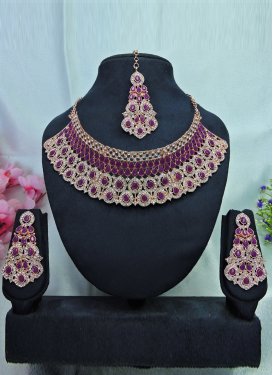 Mystic Gold Rodium Polish Stone Work Purple and White Necklace Set for Ceremonial