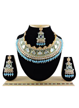 Mystic Light Blue and White Beads Work Necklace Set