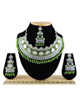 Mystic Olive and White Alloy Necklace Set For Ceremonial