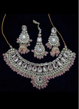 Mystic Pink and White Beads Work Alloy Gold Rodium Polish Necklace Set
