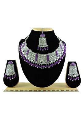 Mystic Purple and White Beads Work Necklace Set For Festival