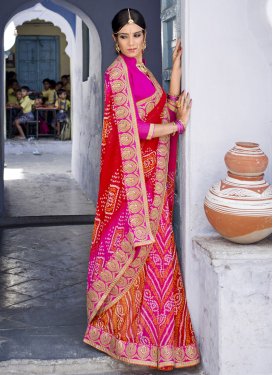 Mystic Red and Rose Pink Bandhej Print Work Faux Georgette Contemporary Saree