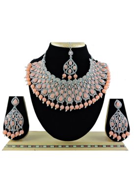 Mystic Silver Rodium Polish Peach and Silver Color Necklace Set For Festival