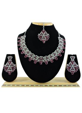 Mystic Stone Work Maroon and Silver Color Necklace Set