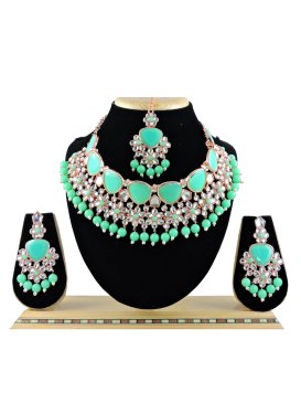 Mystic Turquoise and White Gold Rodium Polish Beads Work Necklace Set