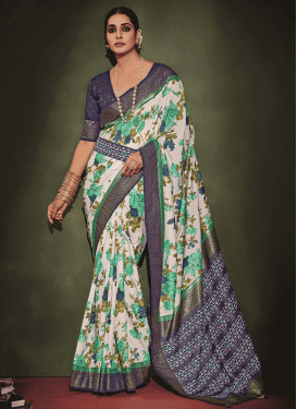 Navy Blue and Off White Designer Contemporary Style Saree For Festival