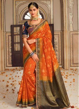 Navy Blue and Orange Embroidered Work Designer Contemporary Saree