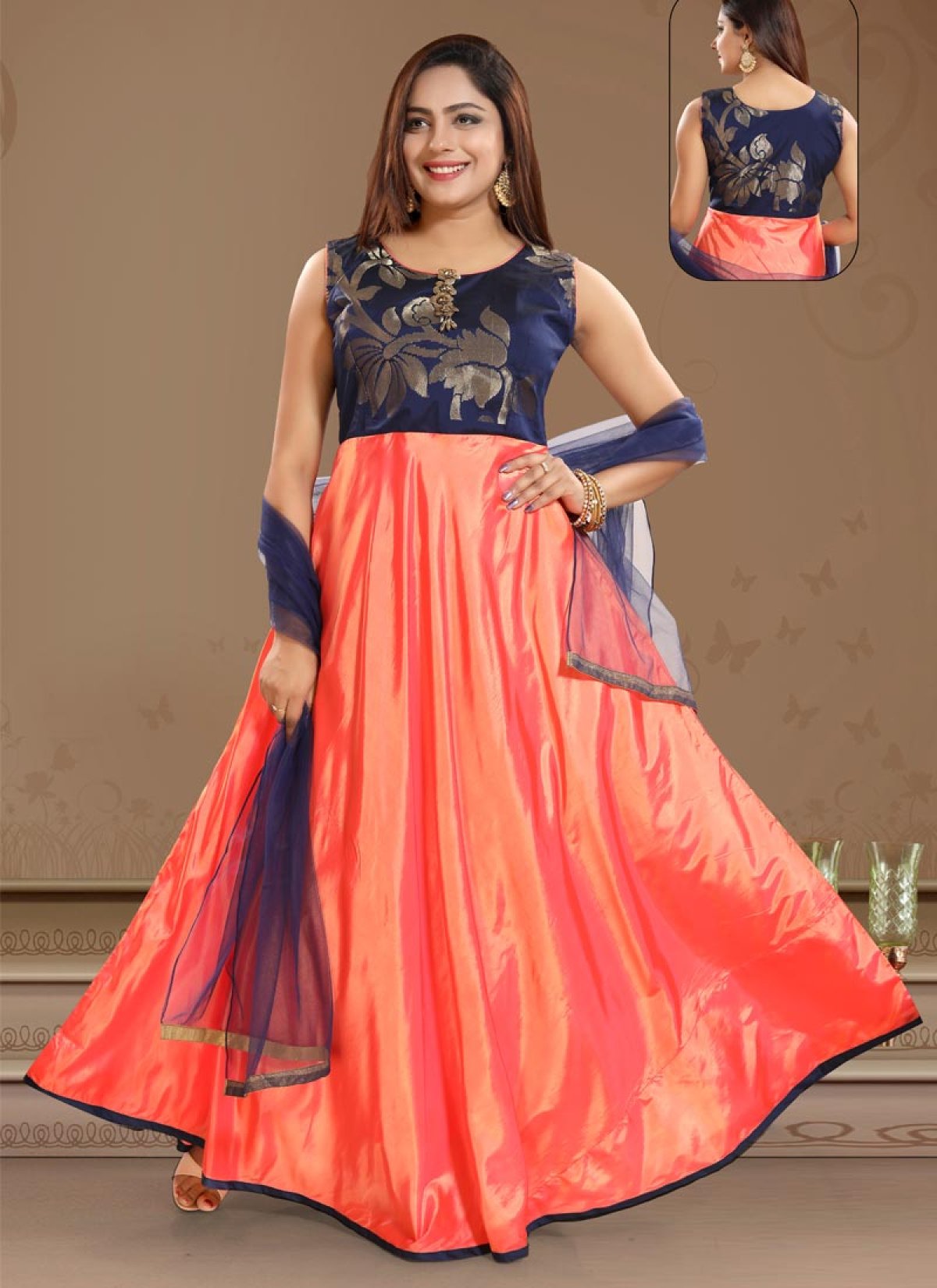 Buy Navy Blue and Orange Readymade Long Length Gown Online