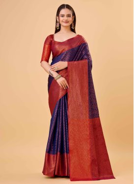 Navy Blue and Red Art Silk Designer Contemporary Saree