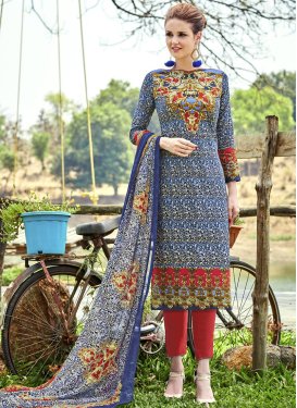 Navy Blue and Red Cotton  Pant Style Salwar Kameez