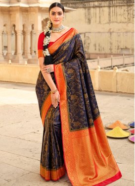 Navy Blue and Red Cotton Silk Traditional Designer Saree