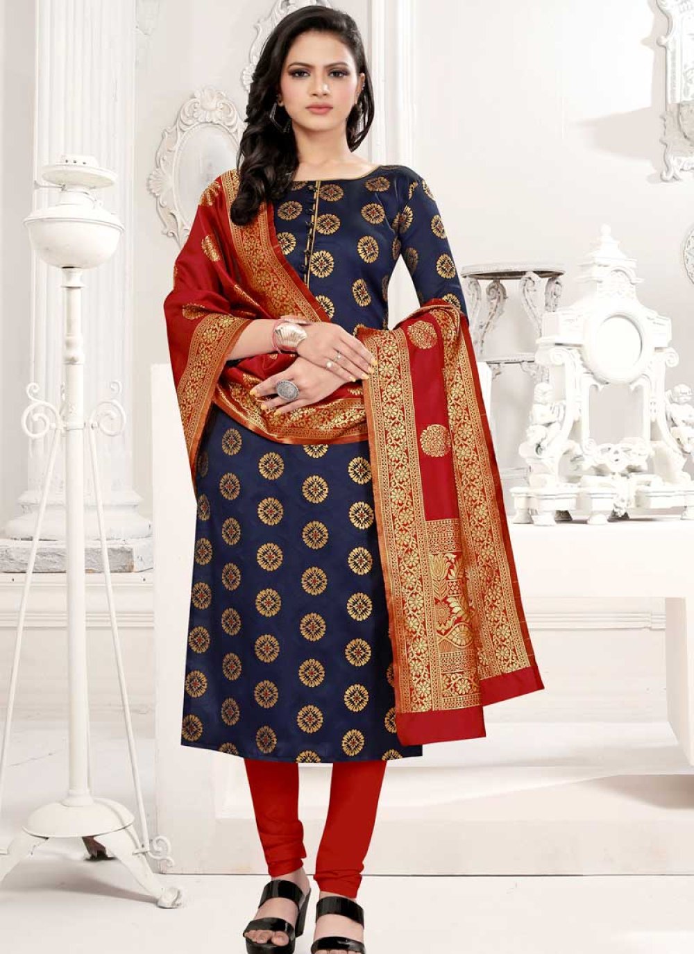 Buy Navy Blue and Red Cotton Silk Trendy Churidar Salwar Suit Online