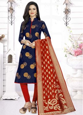 Navy Blue and Red Cotton Silk Trendy Churidar Suit