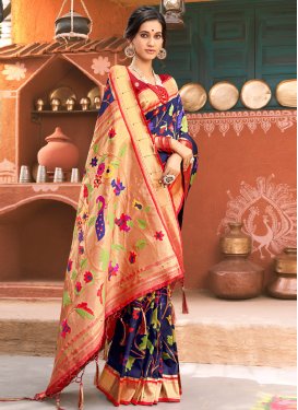 Navy Blue and Red Designer Contemporary Style Saree