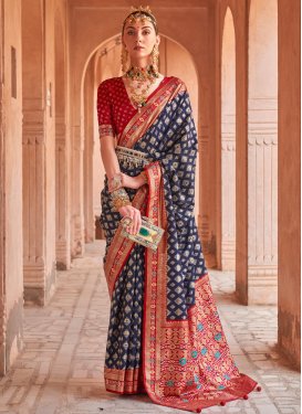 Navy Blue and Red Designer Contemporary Style Saree For Ceremonial