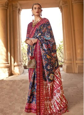 Navy Blue and Red Dola Silk Designer Contemporary Style Saree