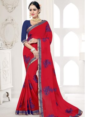 Navy Blue and Red Embroidered Work Contemporary Style Saree