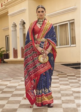 Navy Blue and Red Patola Silk Designer Contemporary Saree