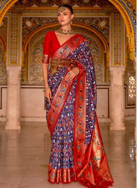 Navy Blue and Red Patola Silk Designer Traditional Saree