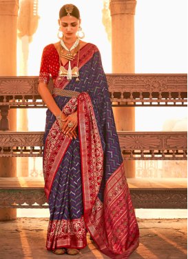 Navy Blue and Red Print Work Designer Contemporary Style Saree