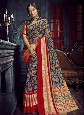 Navy Blue and Red Thread Work Classic Saree