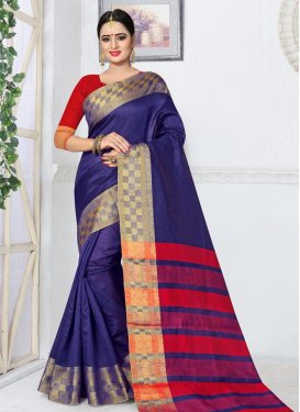 Navy Blue and Red Thread Work Trendy Classic Saree