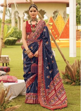 Navy Blue and Red Trendy Classic Saree For Ceremonial