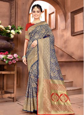 Navy Blue and Red Woven Work Contemporary Style Saree