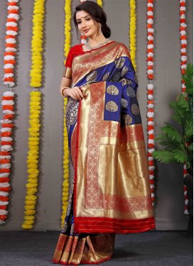 Navy Blue and Red Woven Work Designer Contemporary Style Saree
