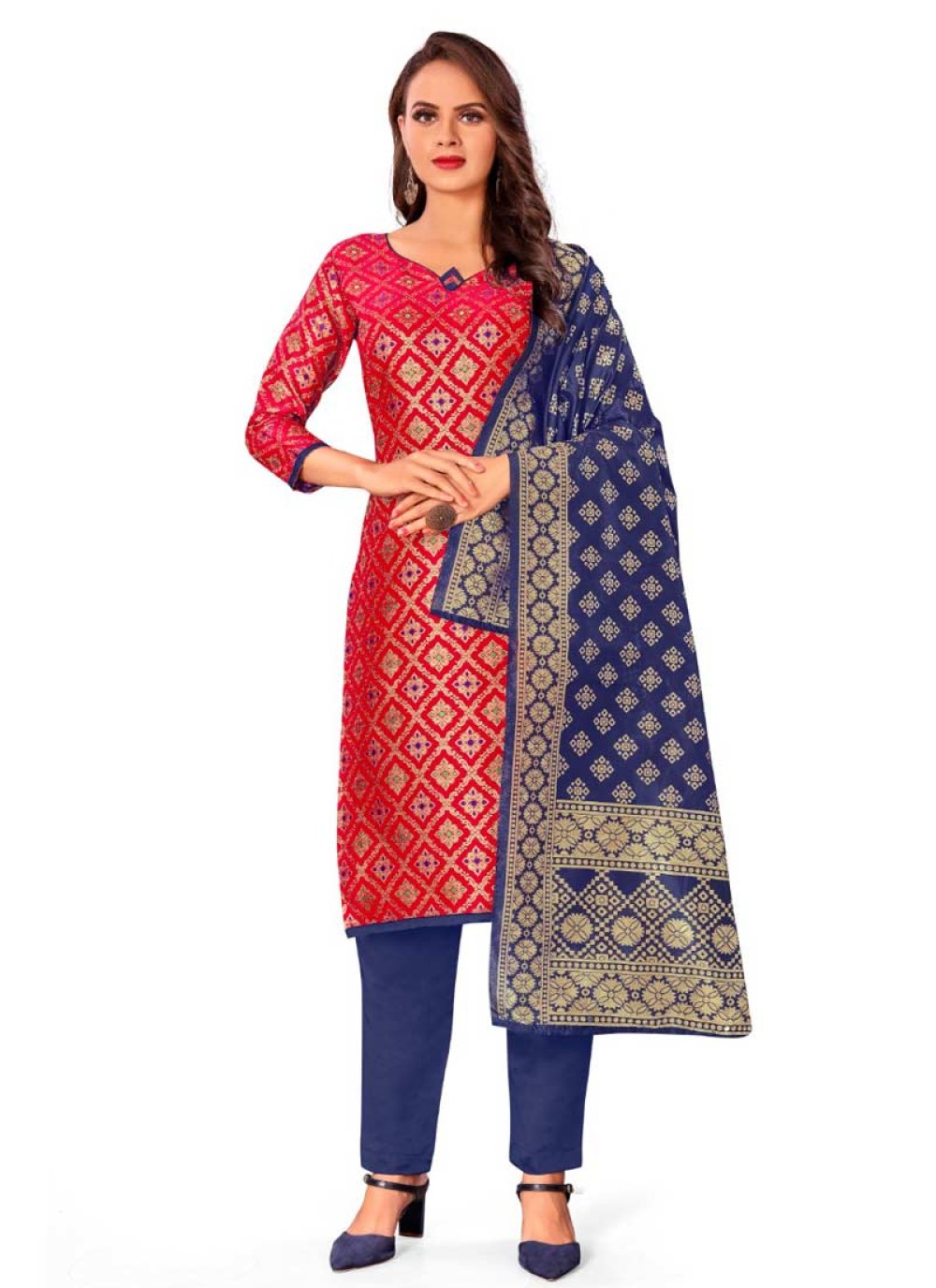 Navy Blue and Red Woven Work Pant Style Classic Salwar Suit