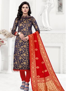 Navy Blue and Red Woven Work Trendy Churidar Salwar Suit