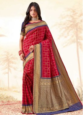 Navy Blue and Red Woven Work Trendy Classic Saree