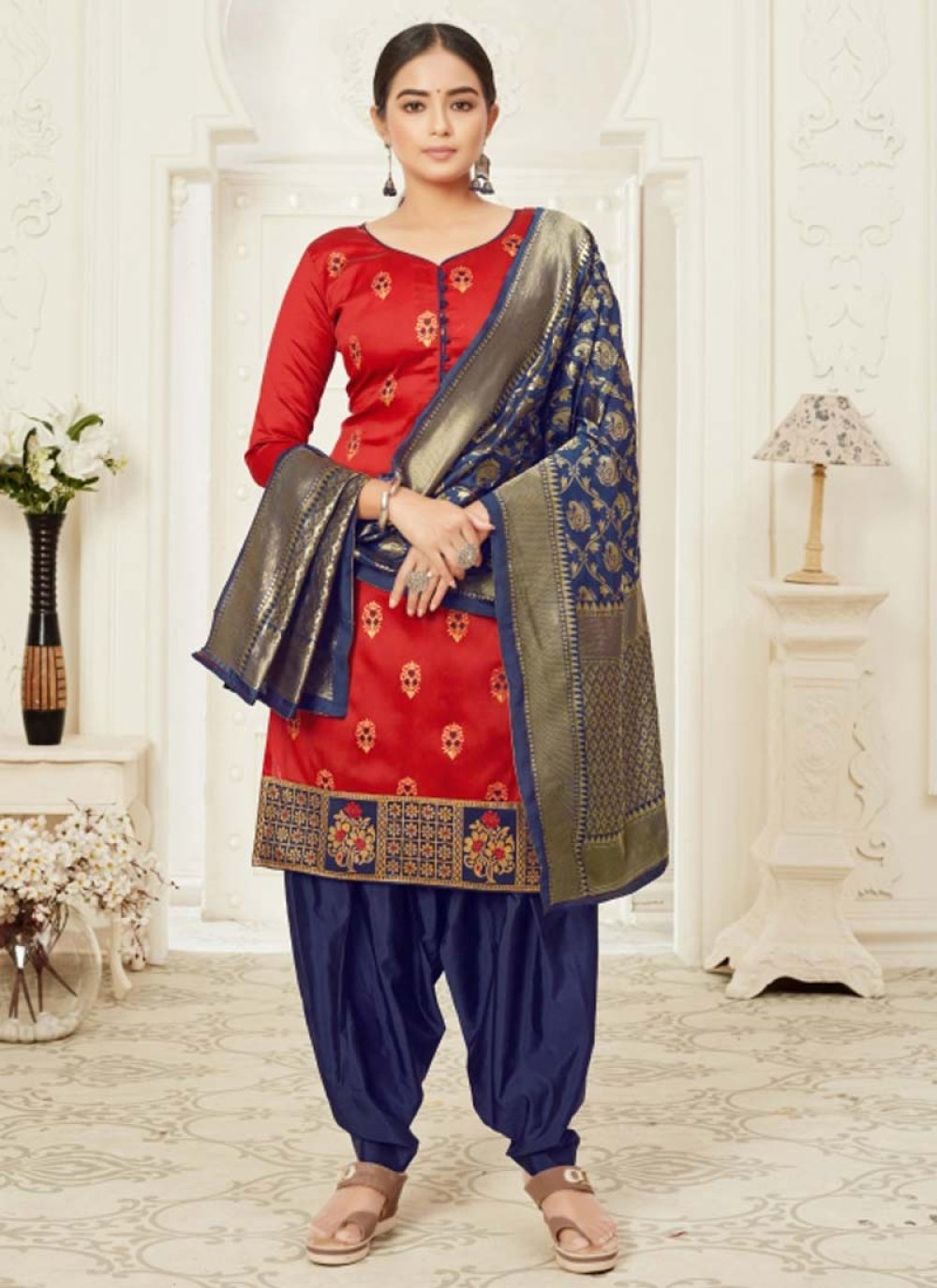 Navy Blue and Red Woven Work Trendy Semi Patiala Suit