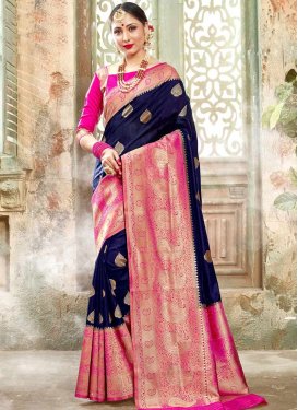 Navy Blue and Rose Pink Art Silk Traditional Designer Saree