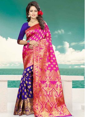 Navy Blue and Rose Pink Banarasi Silk Half N Half Saree