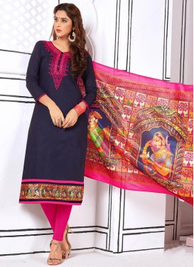 Navy Blue and Rose Pink Cotton Churidar Suit