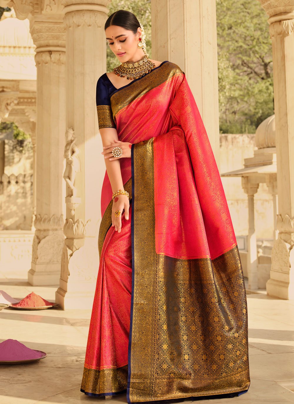 Navy Blue and Rose Pink Designer Contemporary Style Saree For Festival