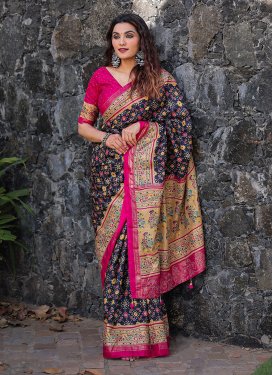 Navy Blue and Rose Pink Dola Silk Trendy Classic Saree
