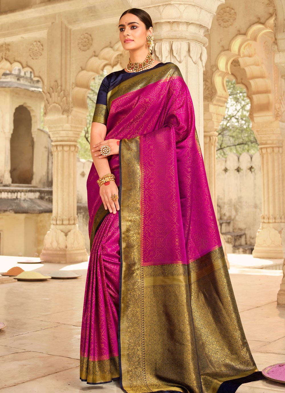 Navy Blue and Rose Pink Woven Work Designer Contemporary Style Saree