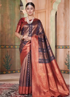 Navy Blue and Rust Woven Work Designer Traditional Saree