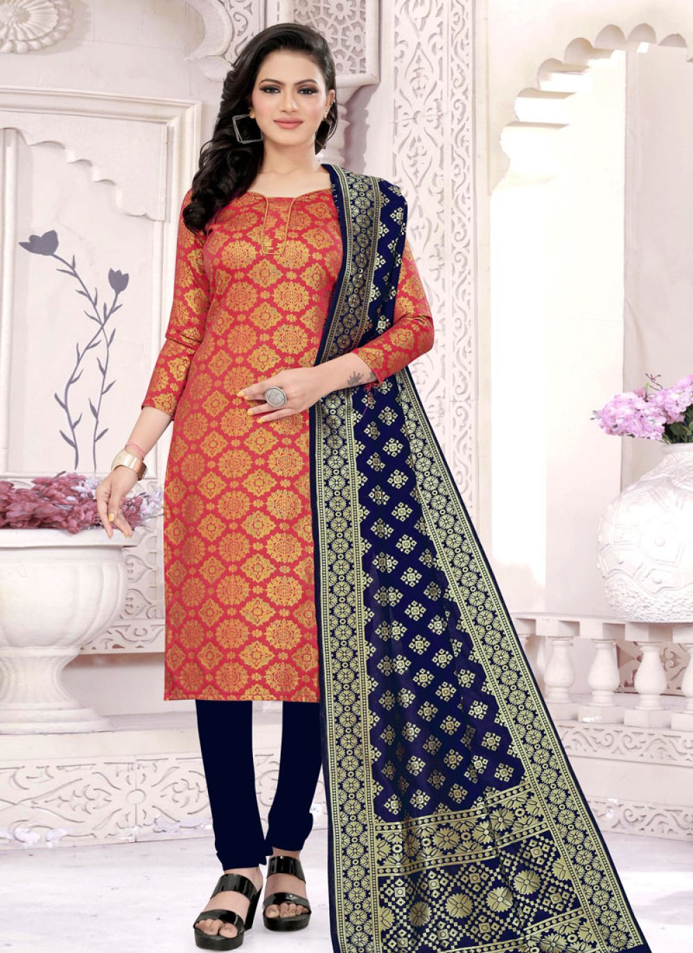 Navy Blue and Salmon Trendy Churidar Salwar Suit For Casual