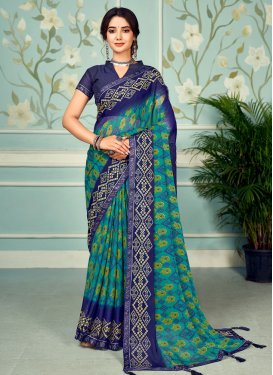 Navy Blue and Teal Faux Chiffon Designer Contemporary Style Saree For Casual